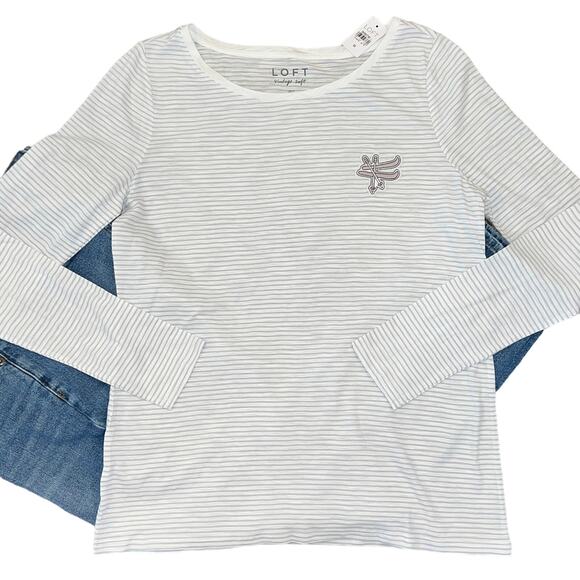 **NWT LOFT White & Grey Striped W/Ski Applique Long Sleeve Cotton Tee - SIZE XS - Picture 4 of 10